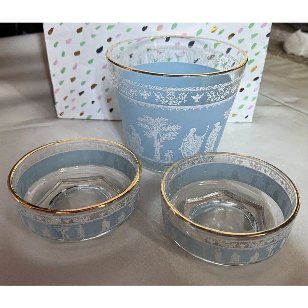 Jeanette Glass Hellenic Wedgwood Blue Grecian 2 Bowls/Trays Open Bowl (Ice)